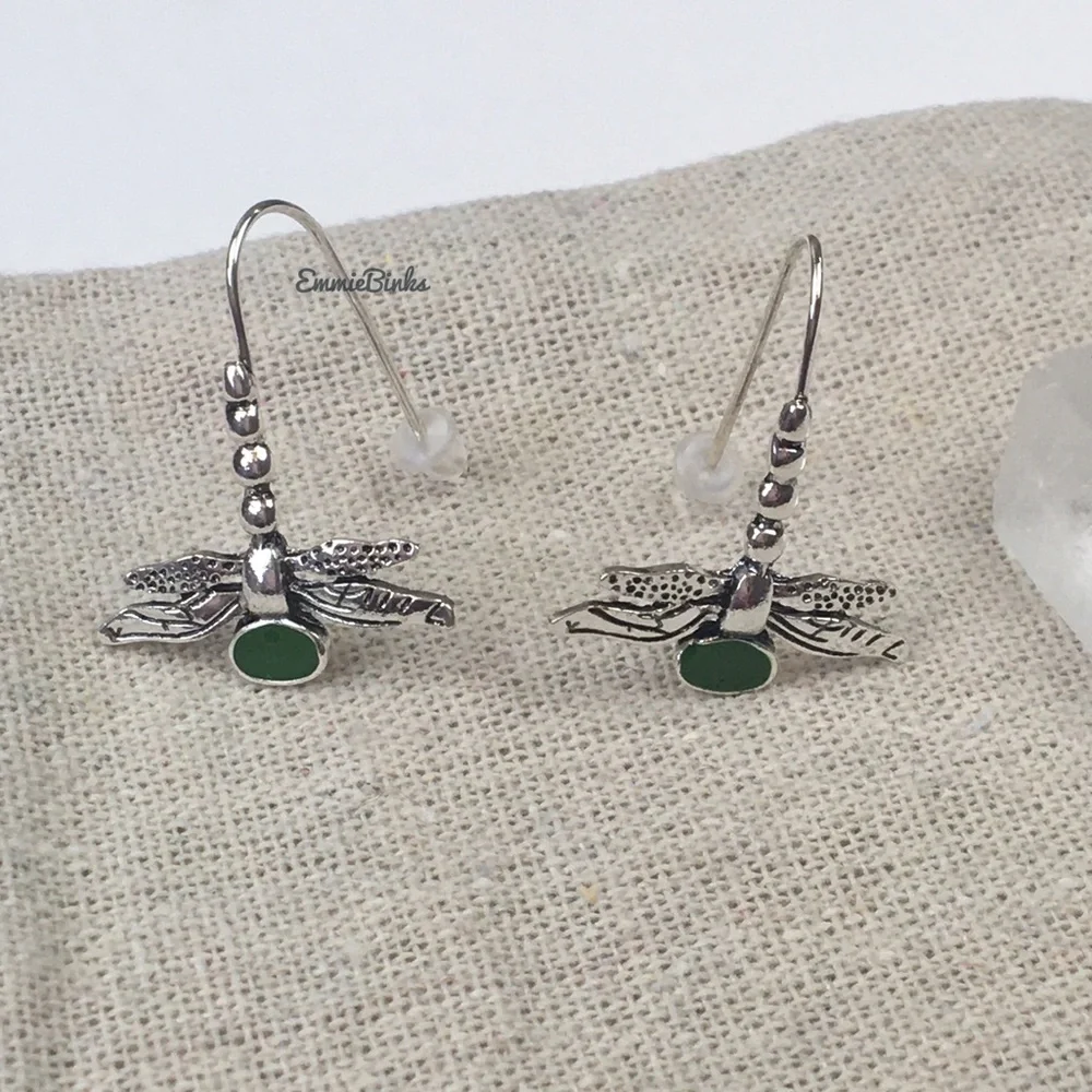 ✨3/$38  New Antique Silver & Green Dragonfly Drop Dangle Earrings - Free People - Picture 4 of 10